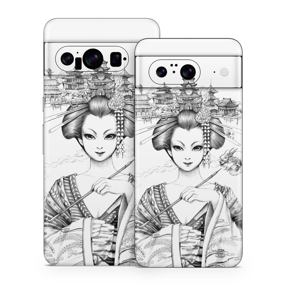 Google Pixel 8 Series Skin design of Illustration, Head, Hairstyle, Line art, Art, Fashion illustration, Drawing, Coloring book, Black-and-white, Clip art, with black, white, gray colors