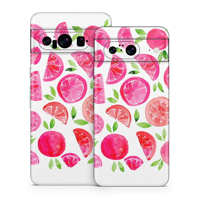 Google Pixel 8 Series Skin design of Food, Plant, Fruit, Botany, Natural foods, Seedless fruit, Ingredient, Red, Font, Citrus, with pink, green, red, white colors