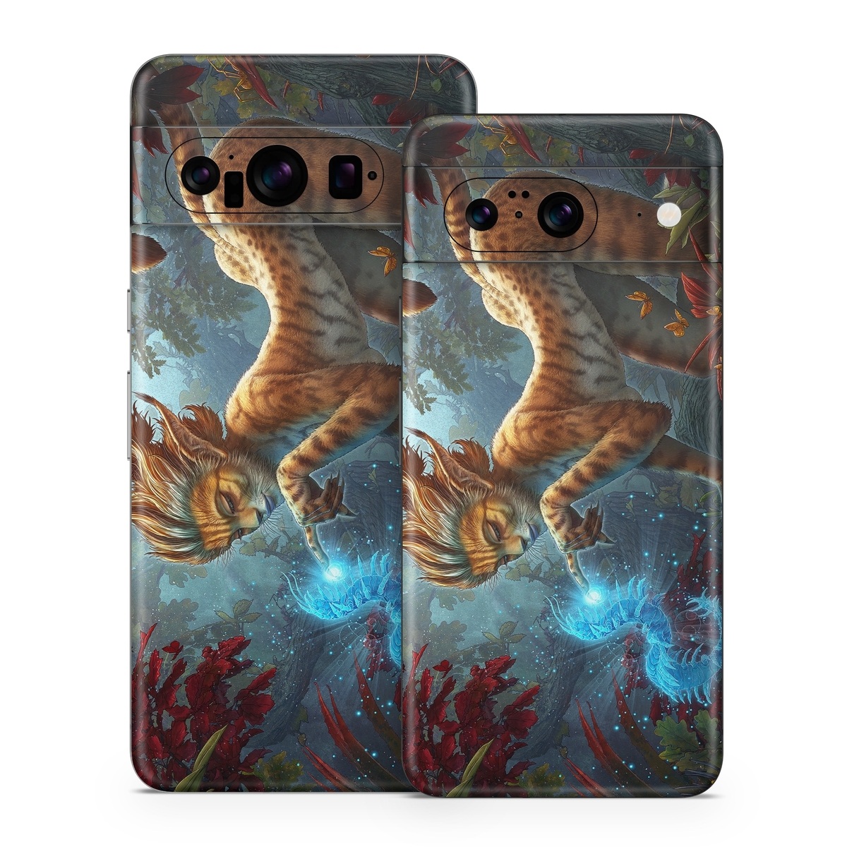 Google Pixel 8 Series Skin design of Fictional character, Mythology, Illustration, Cg artwork, Sky, Organism, Dragon, Felidae, Mythical creature, Art, with yellow, red, black, green, blue colors