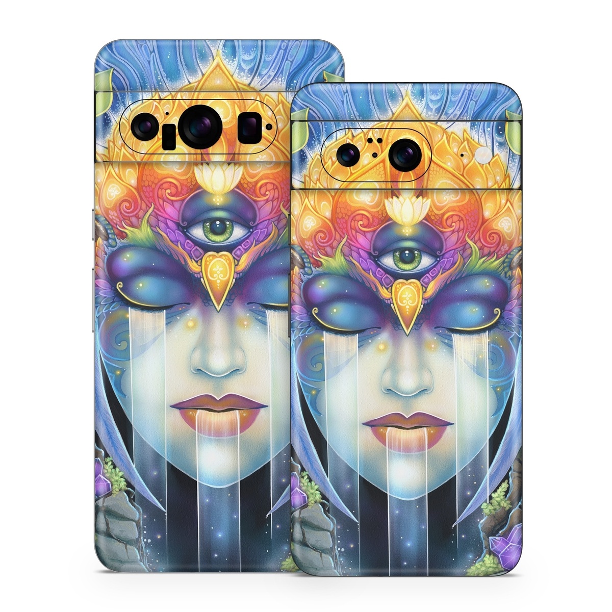 Google Pixel 8 Series Skin design of Art paint, Paint, Painting, Art, Illustration, Fictional character, Symmetry, Cg artwork, Visual arts, Electric blue, with blue, yellow, orange, red, purple, blue, green, brown, gray colors