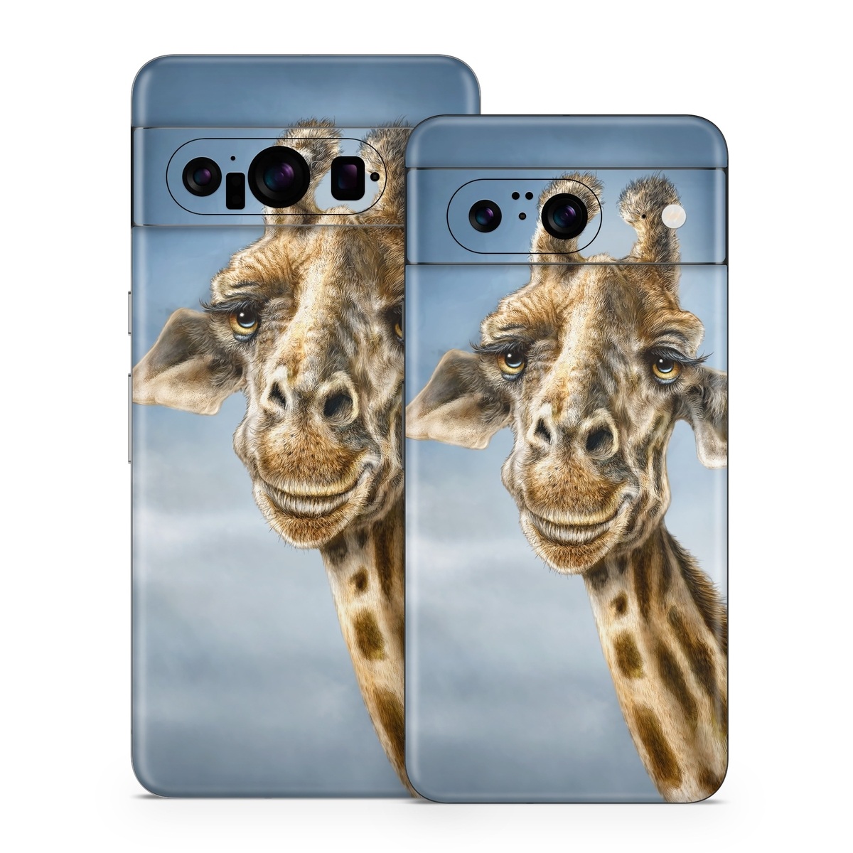 Google Pixel 8 Series Skin design of Giraffe, Giraffidae, Terrestrial animal, Wildlife, Head, Snout, Organism, Adaptation, Close-up, Neck, with gray, black, blue, green colors
