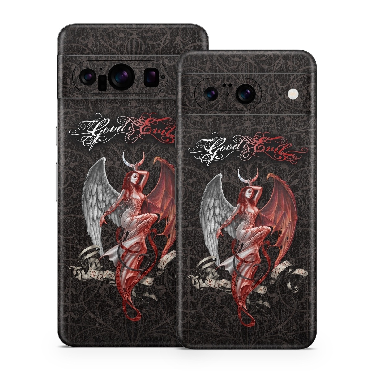Google Pixel 8 Series Skin design of Illustration, Fictional character, Graphic design, Supernatural creature, Demon, Cg artwork, Art, Mythology, Angel, Wing, with black, white, red colors