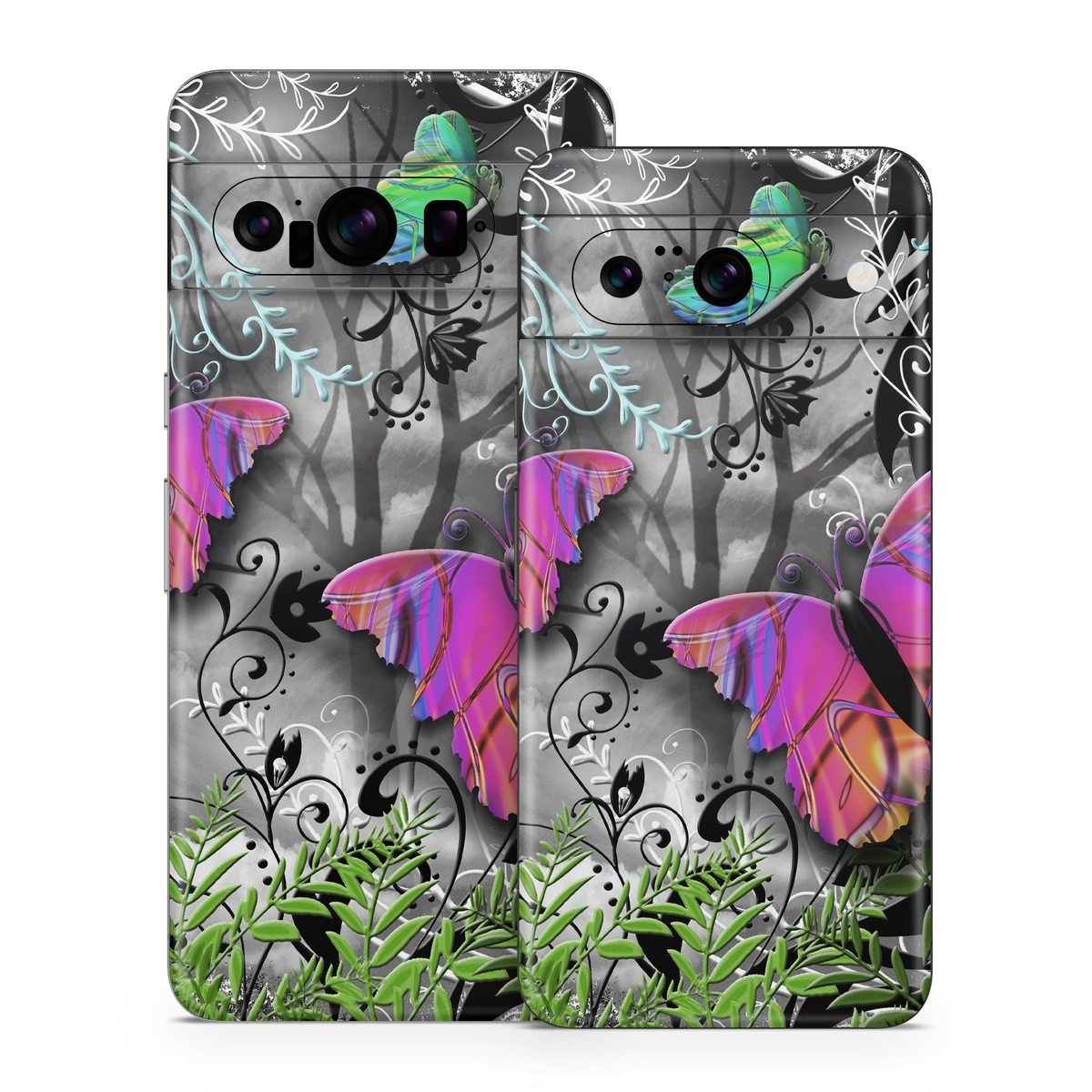 Google Pixel 8 Series Skin design of Butterfly, Pink, Purple, Violet, Organism, Spring, Moths and butterflies, Botany, Plant, Leaf, with black, gray, green, purple, red colors