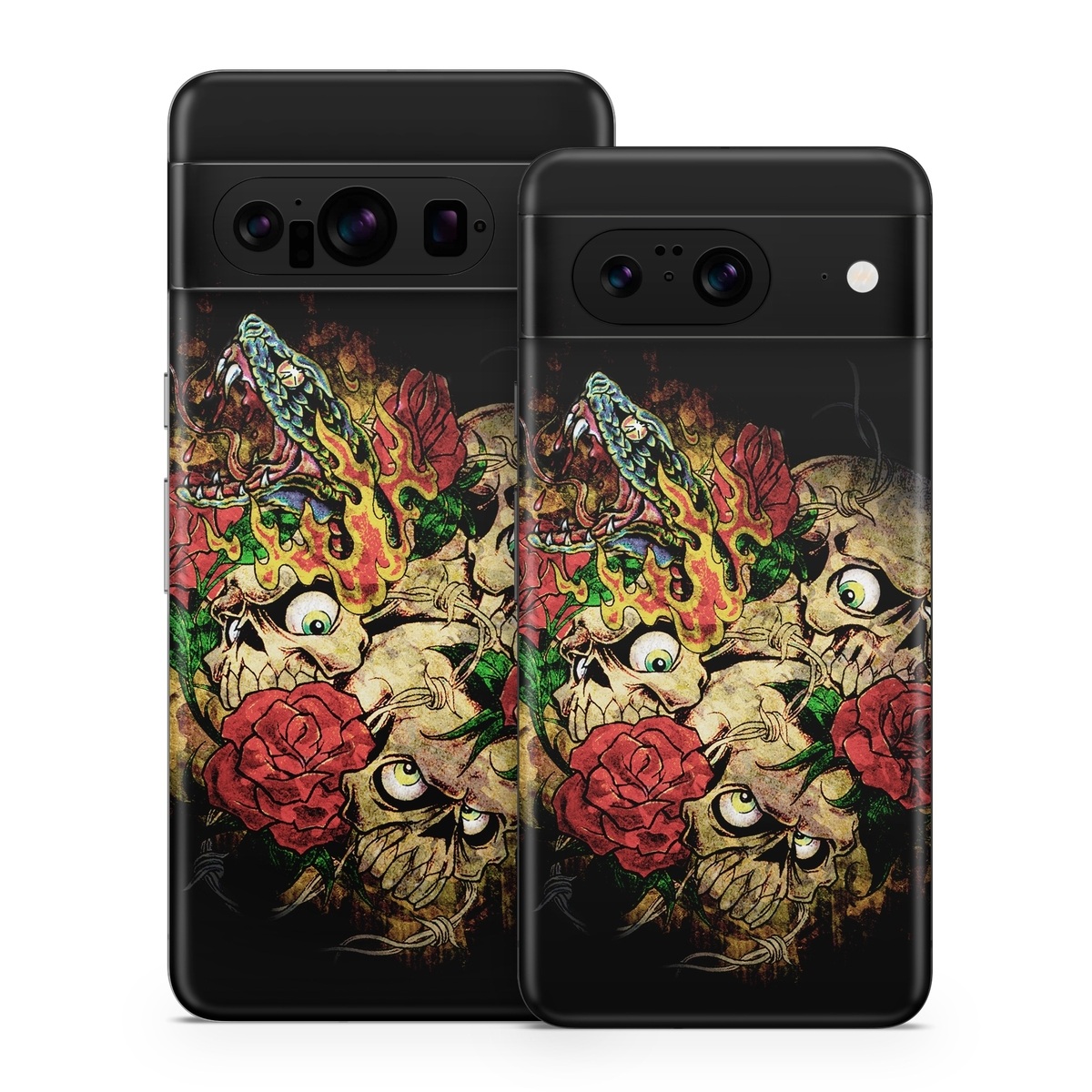 Google Pixel 8 Series Skin design of Illustration, Bouquet, Art, Skull, Plant, Rose, Flower, Graphic design, Fictional character, Floral design, with black, red, green, gray colors