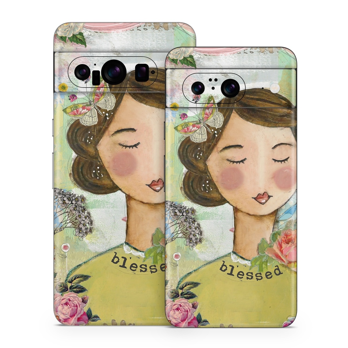 Google Pixel 8 Series Skin design of Illustration, Cheek, Art, Watercolor paint, Retro style, Painting, Plant, Flower, Fashion illustration, Fictional character, with pink, green, yellow, white, red, blue colors