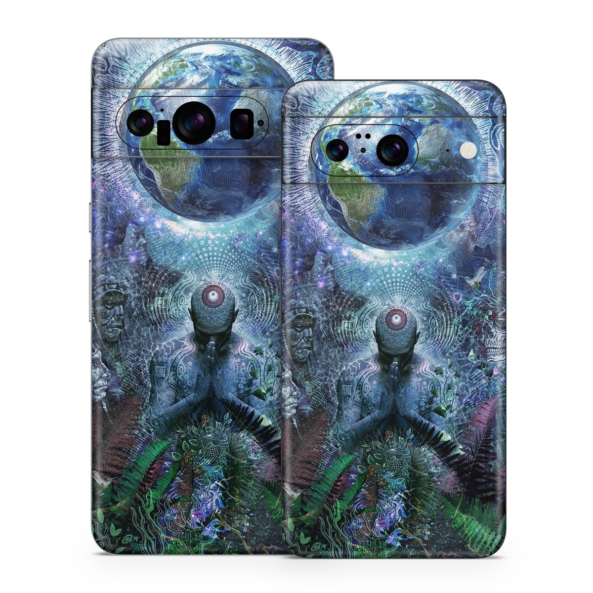 Google Pixel 8 Series Skin design of Psychedelic art, Fractal art, Art, Space, Organism, Earth, Sphere, Graphic design, Circle, Graphics, with blue, green, gray, purple, pink, black, white colors