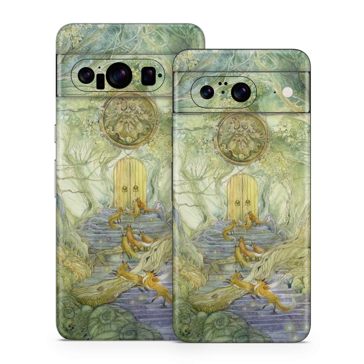 Google Pixel 8 Series Skin design of Painting, Art, Mythology, Visual arts, Watercolor paint, Organism, Fictional character, Modern art, Landscape, Acrylic paint, with green, brown, red, yellow, blue, purple colors