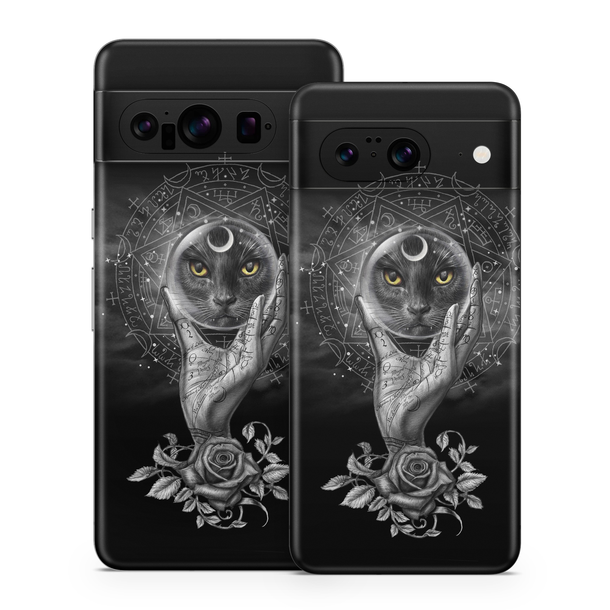 Google Pixel 8 Series Skin design of Head, Eye, Flash photography, Painting, Headgear, Art, Font, Snout, Darkness, Owl, with black, white, gray colors