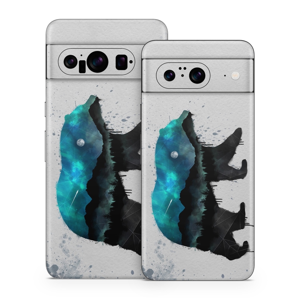 Google Pixel 8 Series Skin design of Bear, Illustration, Grizzly bear, Art, Watercolor paint, Snout, Carnivore, Graphic design, Space, Polar bear, with gray, black, white, green, blue colors
