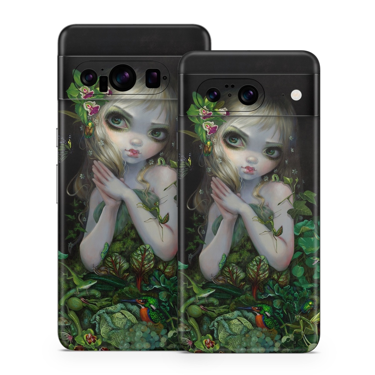 Google Pixel 8 Series Skin design of Green, Doll, Fictional character, Lip, Plant, Supervillain, Flower, Illustration, Ivy, Fawn, with black, white, green, red colors