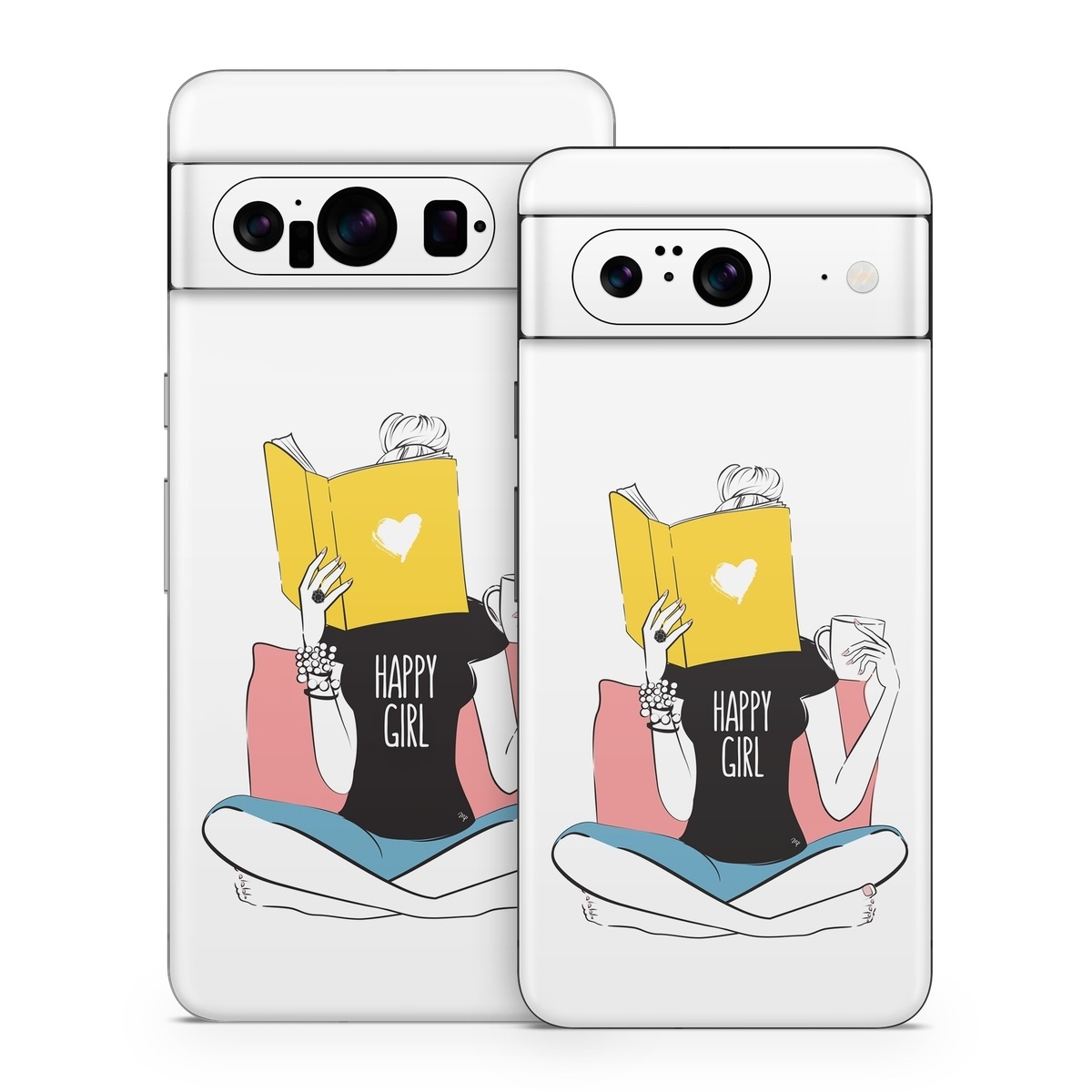 Google Pixel 8 Series Skin design of White, Sleeve, Gesture, Cartoon, Comfort, Elbow, Font, Graphics, Knee, Art, with white, black, blue, pink, yellow colors
