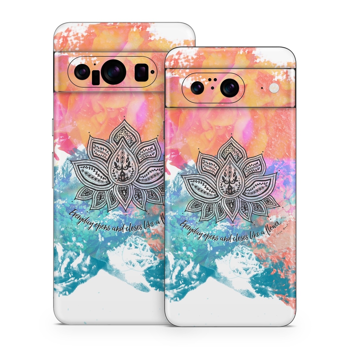 Google Pixel 8 Series Skin design of Pink, Leaf, Pattern, Design, Graphic design, Illustration, Symmetry, Visual arts, Art, Plant, with orange, yellow, red, blue, green, black colors