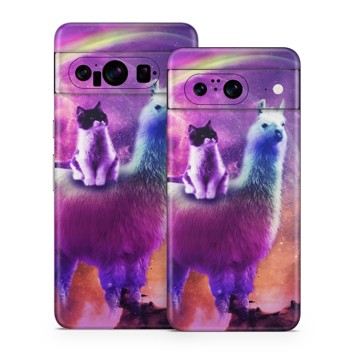 Google Pixel 8 Series Skin design of Llama, Purple, Camelid, Alpaca, Sky, Livestock, Space, with purple, white, blue, pink, yellow, black colors