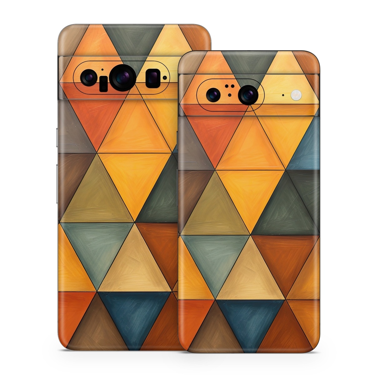 Google Pixel 8 Series Skin design of Brown, Colorfulness, Rectangle, Azure, Amber, Orange, Triangle, Art, Flooring, Line, with yellow, orange, red, black, blue, brown colors
