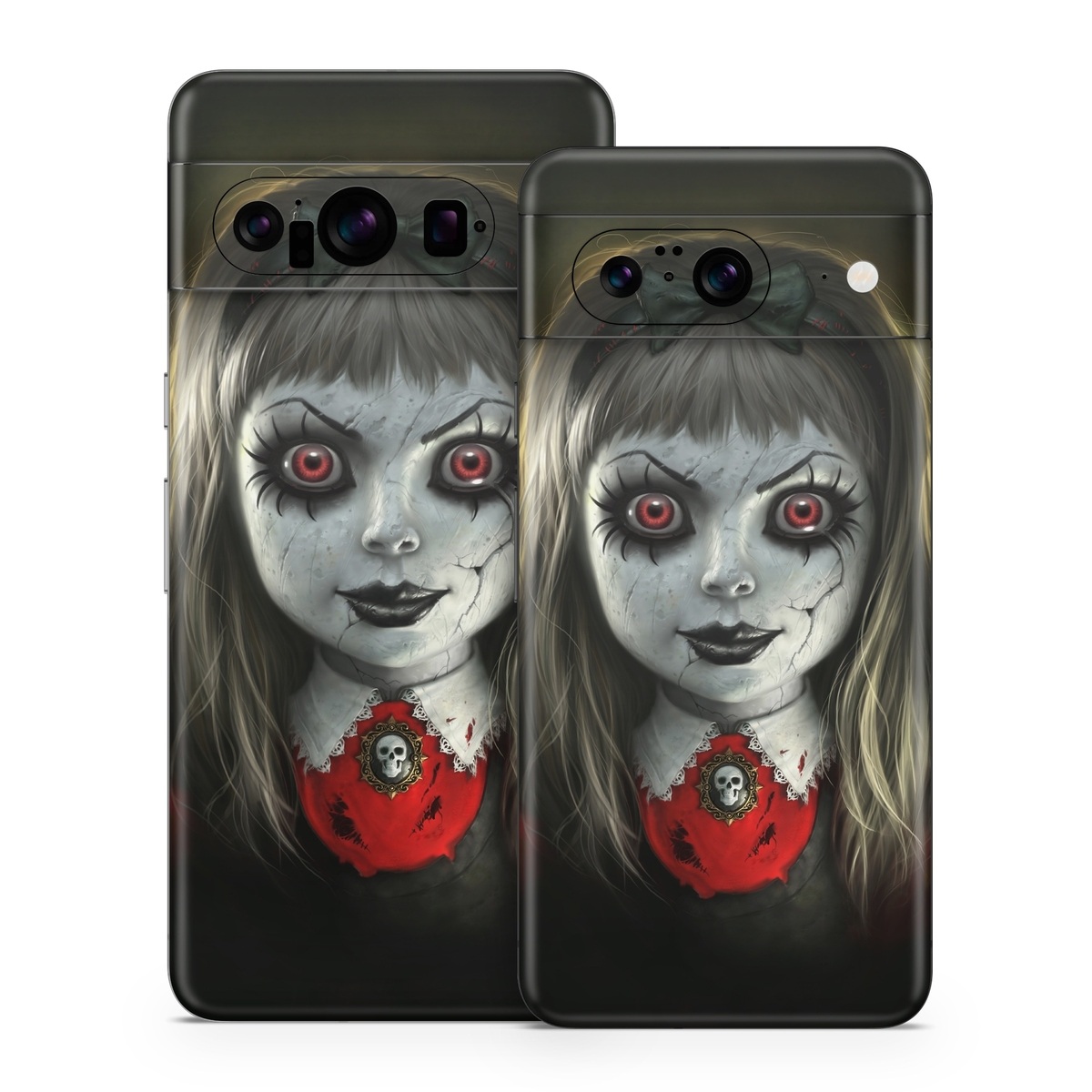 Google Pixel 8 Series Skin design of Fiction, Illustration, Fictional character, Ghost, Darkness, Vampire, Goth subculture, Zombie, Art, Skull, with white, red, black, yellow colors
