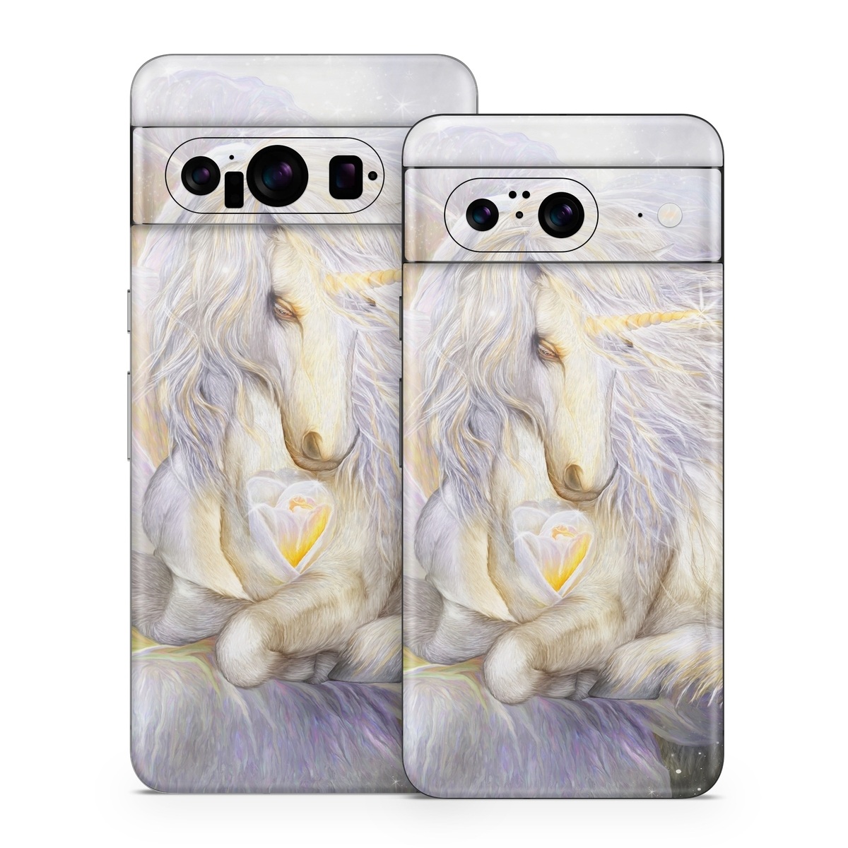 Google Pixel 8 Series Skin design of Fictional character, Mythical creature, Unicorn, Sky, Mythology, Supernatural creature, Illustration, with gray, black, green, pink, blue colors