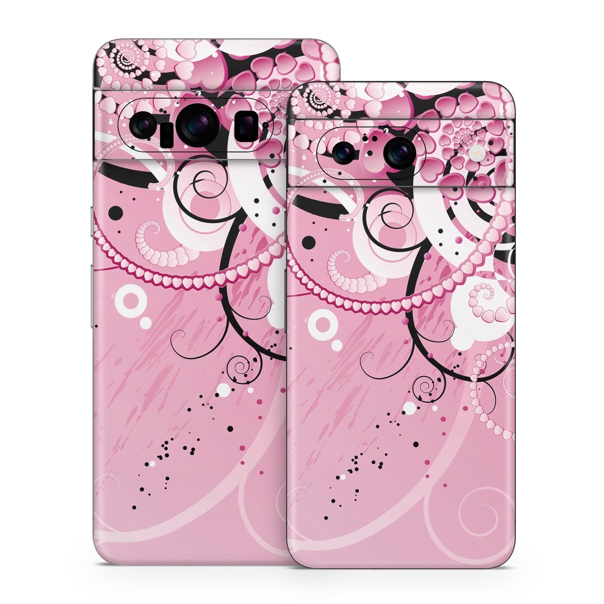 Google Pixel 8 Series Skin design of Pink, Floral design, Graphic design, Text, Design, Flower Arranging, Pattern, Illustration, Flower, Floristry, with pink, gray, black, white, purple, red colors
