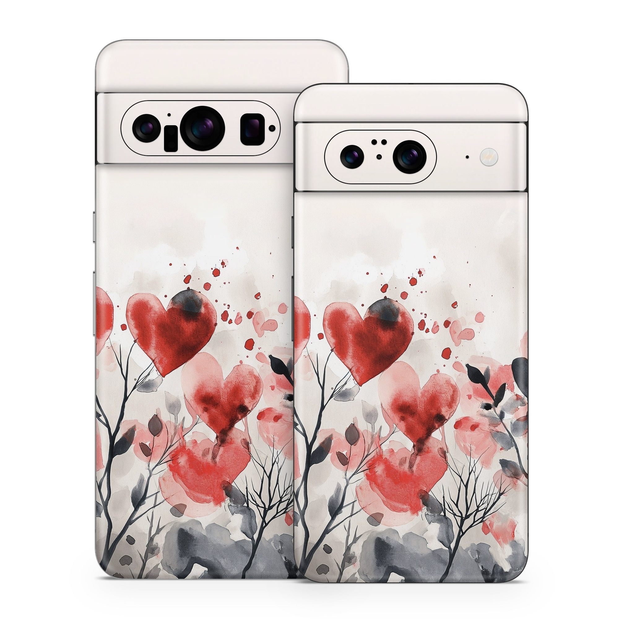 Google Pixel 8 Series Skin design of Flower, Plant, Petal, Sky, Natural landscape, Twig, Tree, Art, Painting, Flowering plant, with white, black, gray, red, pink colors