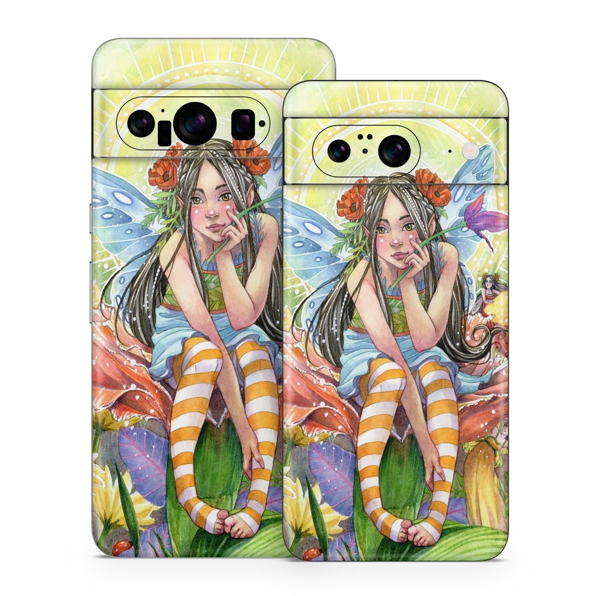 Google Pixel 8 Series Skin design of Fictional character, Illustration, Art, Plant, Painting, Wildflower, Mythical creature, with gray, green, black, yellow, red colors