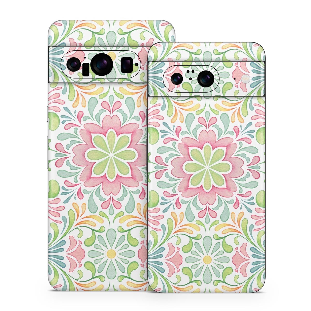 Google Pixel 8 Series Skin design of Pattern, Pink, Visual arts, Design, Textile, Wrapping paper, Symmetry, Floral design, Motif, with gray, white, pink, green colors