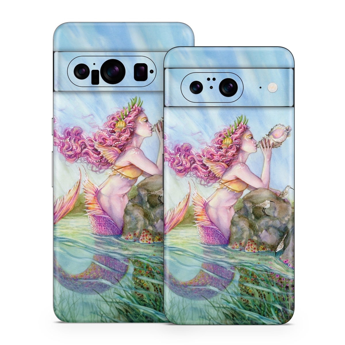 Google Pixel 8 Series Skin design of Cg artwork, Mythology, Illustration, Fictional character, Watercolor paint, Art, Painting, Plant, Mythical creature, with blue, pink, purple, green, gray colors