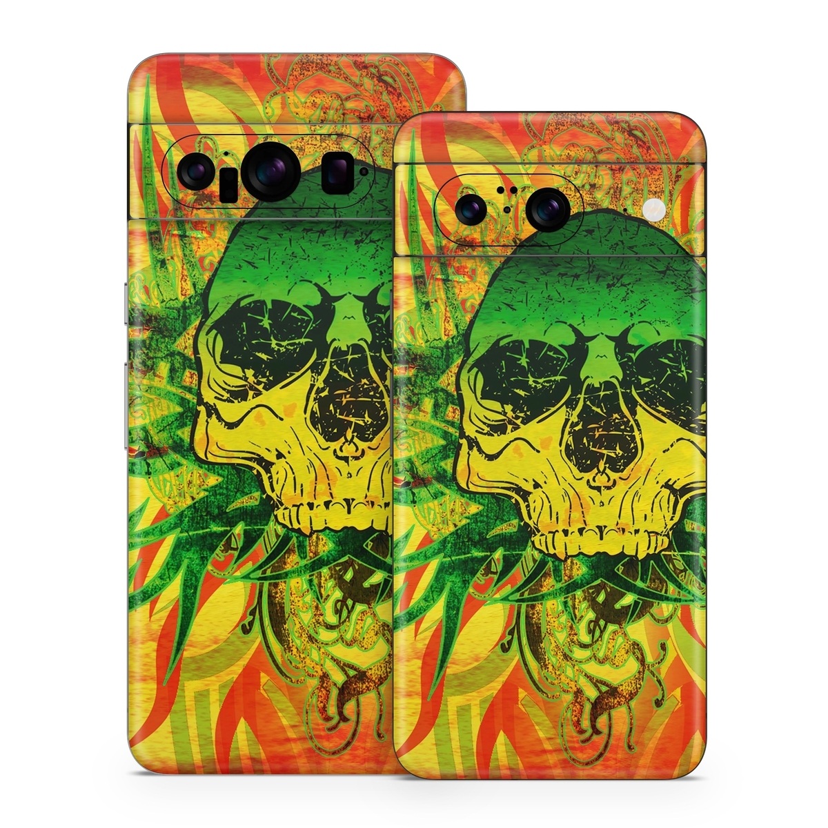 Google Pixel 8 Series Skin design of Psychedelic art, Skull, Illustration, Bone, Art, Graphic design, Visual arts, Poster, Plant, Painting, with green, orange, black, red colors