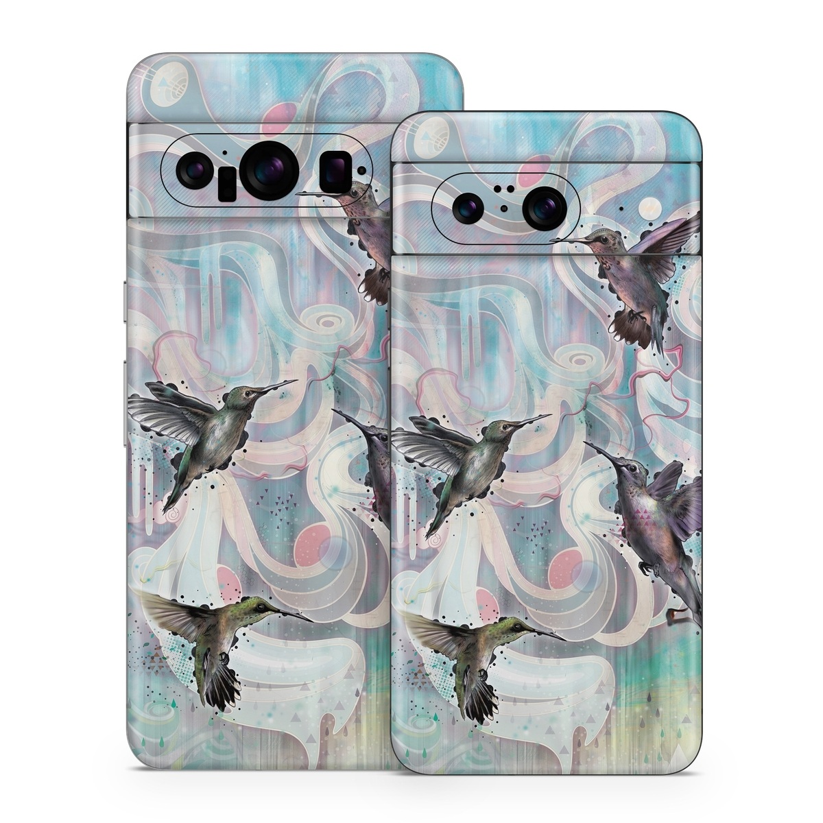 Google Pixel 8 Series Skin design of Bird, Watercolor paint, Illustration, Hummingbird, Painting, Art, Wing, Fictional character, Acrylic paint, Perching bird, with gray, blue, black colors