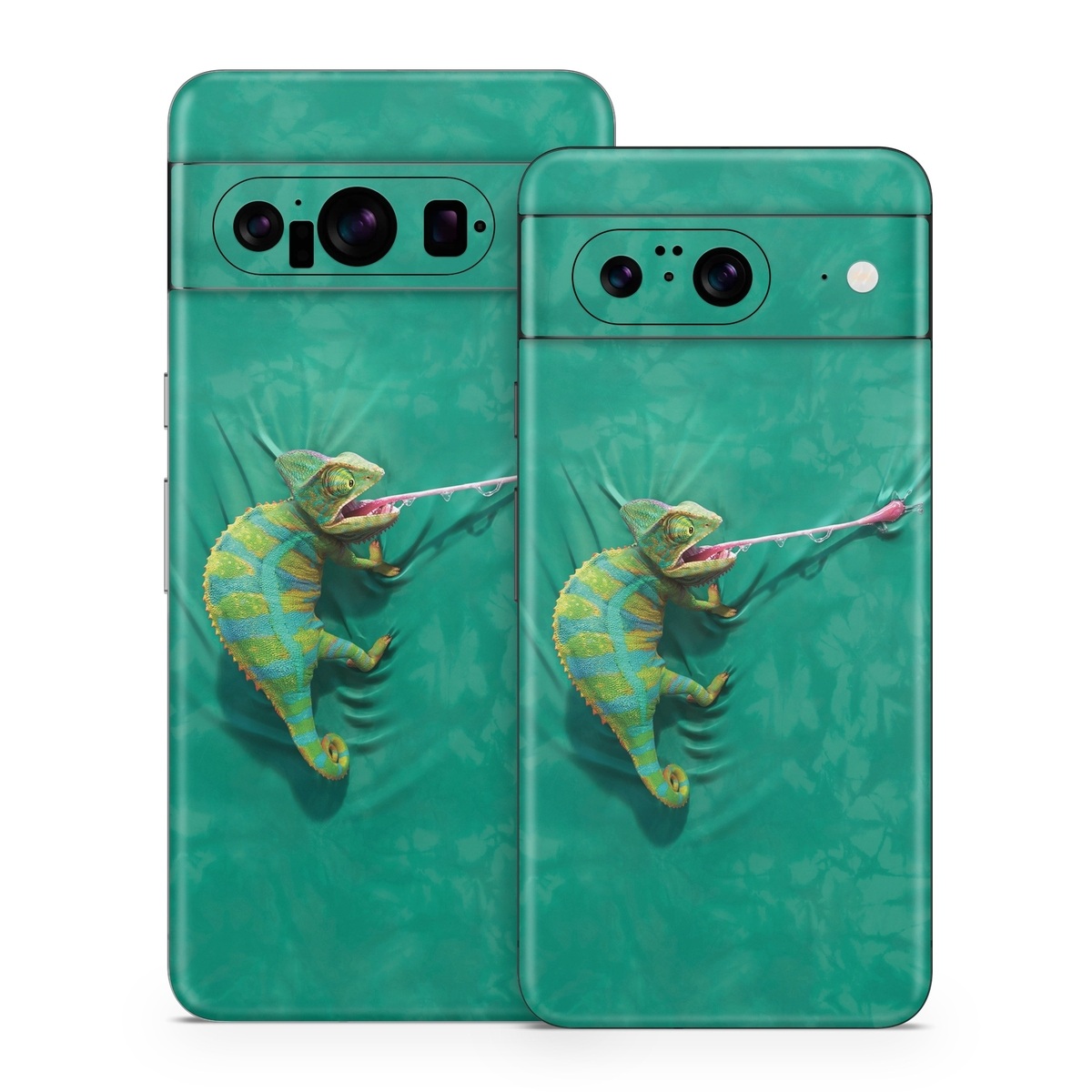 Google Pixel 8 Series Skin design of Green, Fish, Tail, Chameleon, with blue, black, green, gray colors