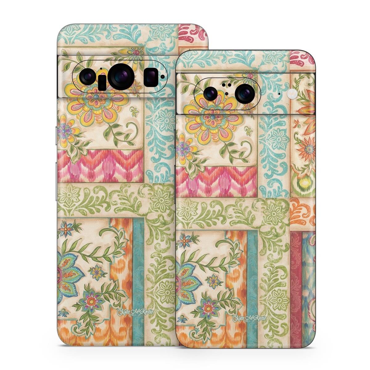 Google Pixel 8 Series Skin design of Flower, Rectangle, Plant, Botany, Textile, Aqua, Art, Pattern, Symmetry, Motif, with red, orange, green, blue, pink, yellow colors