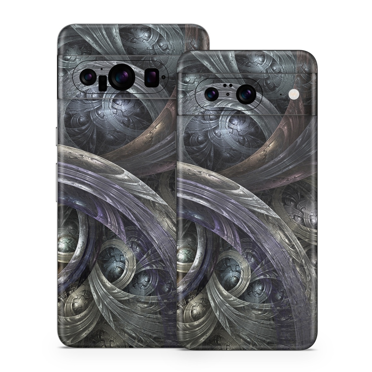Google Pixel 8 Series Skin design of Fractal art, Graphic design, Art, Cg artwork, Darkness, Circle, Pattern, Illustration, Graphics, Metal, with black, gray, blue colors