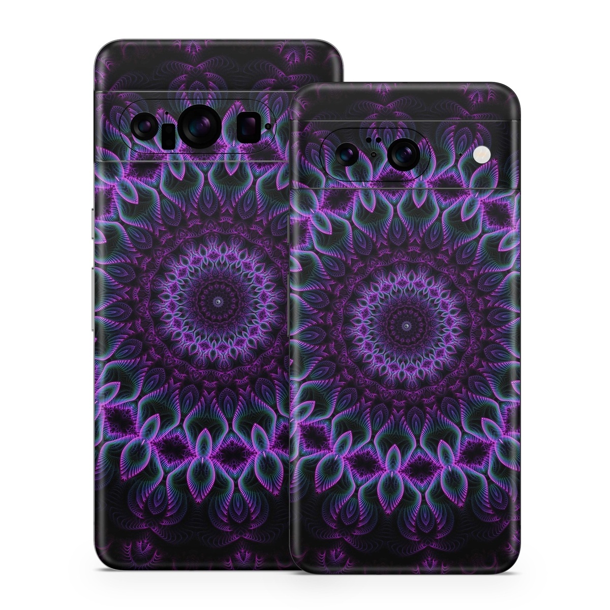 Google Pixel 8 Series Skin design of Colorfulness, Pattern, Purple, Violet, Magenta, Red, Pink, Art, Fractal Art, Visual Arts, Design, Circle, Symmetry, Psychedelic Art, Motif, Kaleidoscope, Graphics, with black, purple, blue, white colors