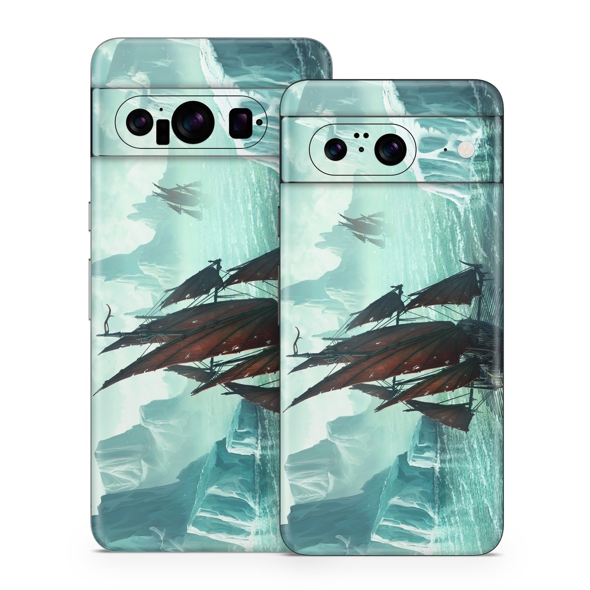 Google Pixel 8 Series Skin design of Cg artwork, Vehicle, Ghost ship, Manila galleon, Fluyt, Adventure game, First-rate, Sailing ship, Mythology, Strategy video game, with gray, black, blue, green, white colors