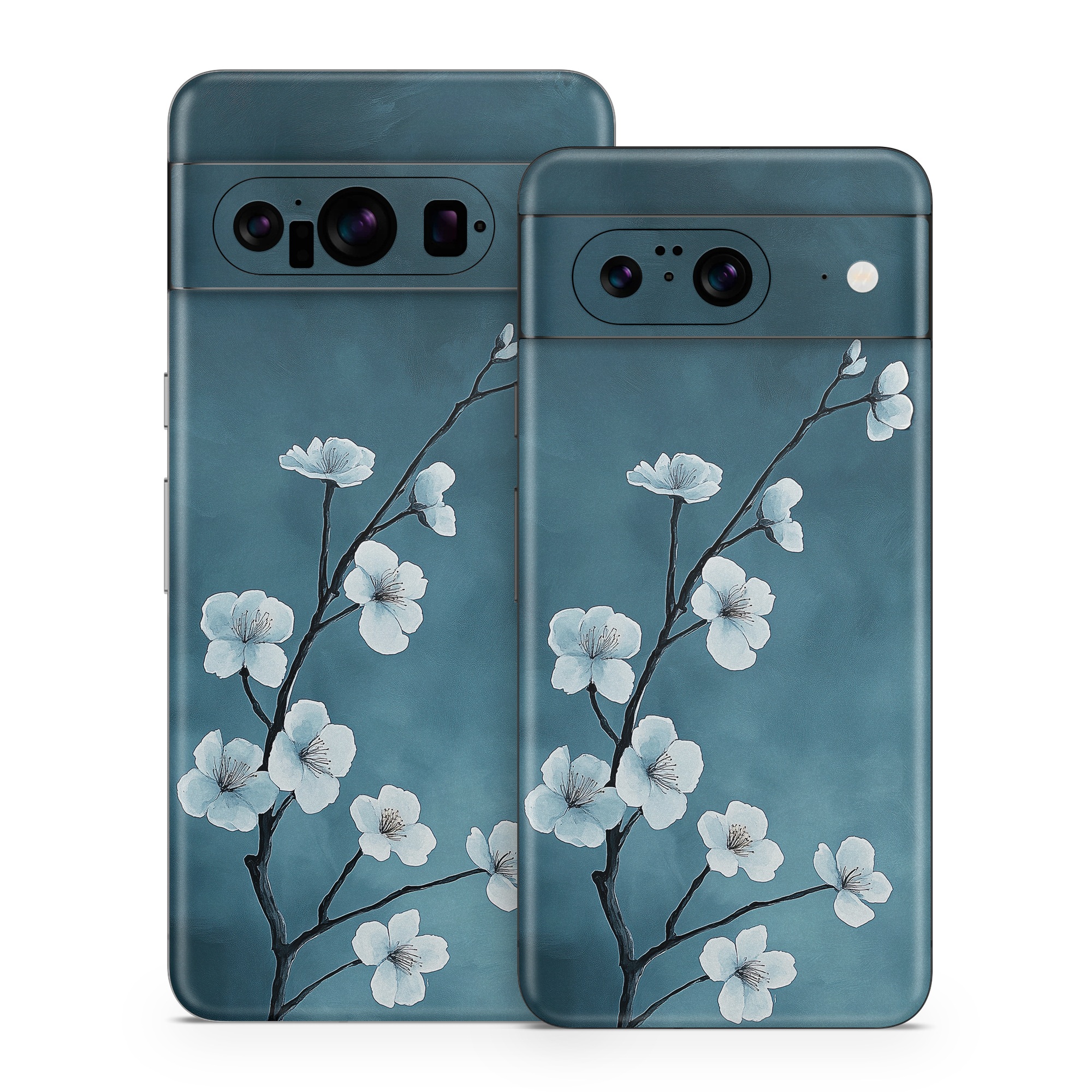 Google Pixel 8 Series Skin design of Flower, Nature, Petal, Branch, Twig, Sky, Flowering plant, Cloud, Blossom, Tree, with black, blue, white, gray colors
