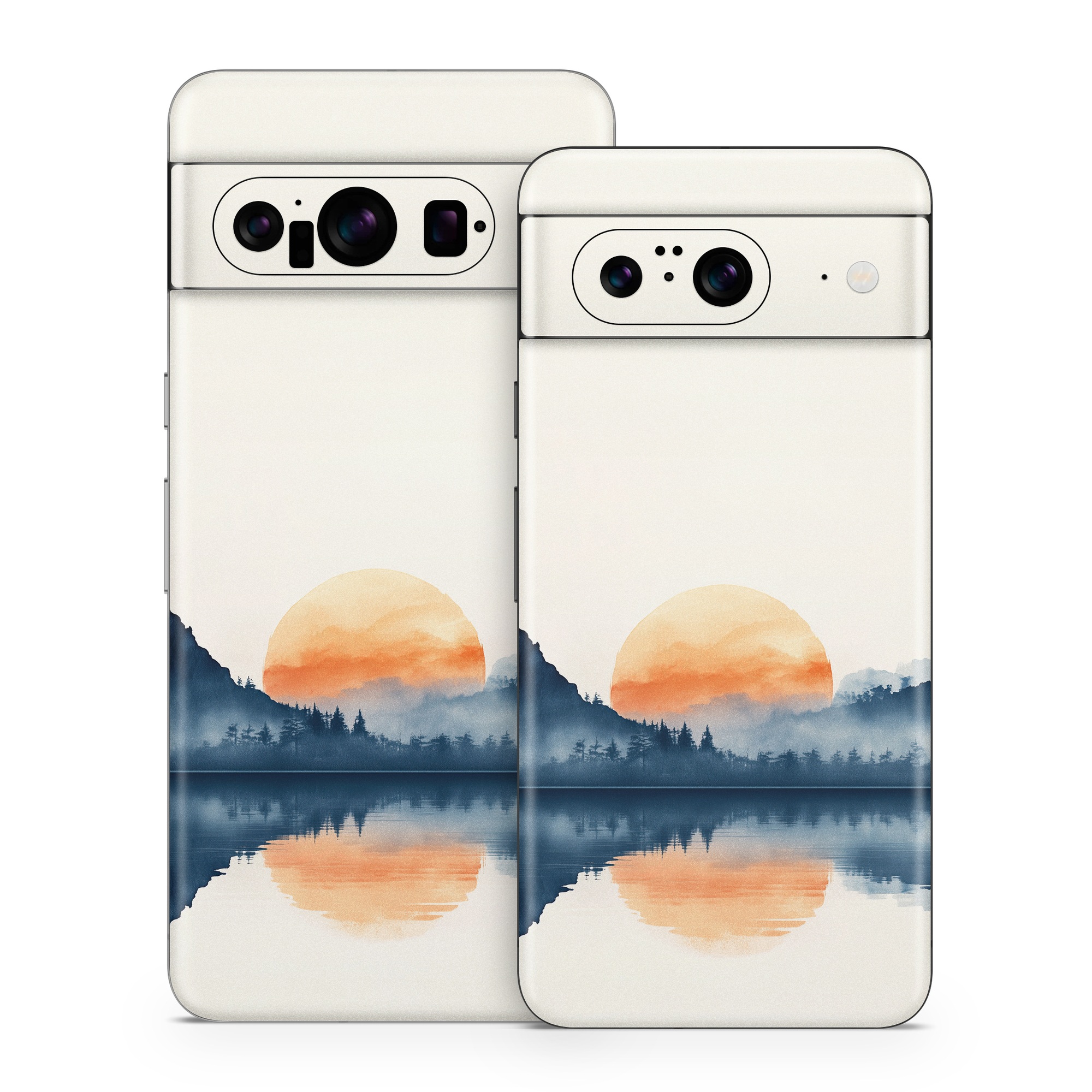 Google Pixel 8 Series Skin design of Water, Water resources, Sky, Mountain, Natural landscape, Lake, Atmospheric phenomenon, Landscape, Horizon, Afterglow, with black, blue, white, gray, yellow, orange, red colors