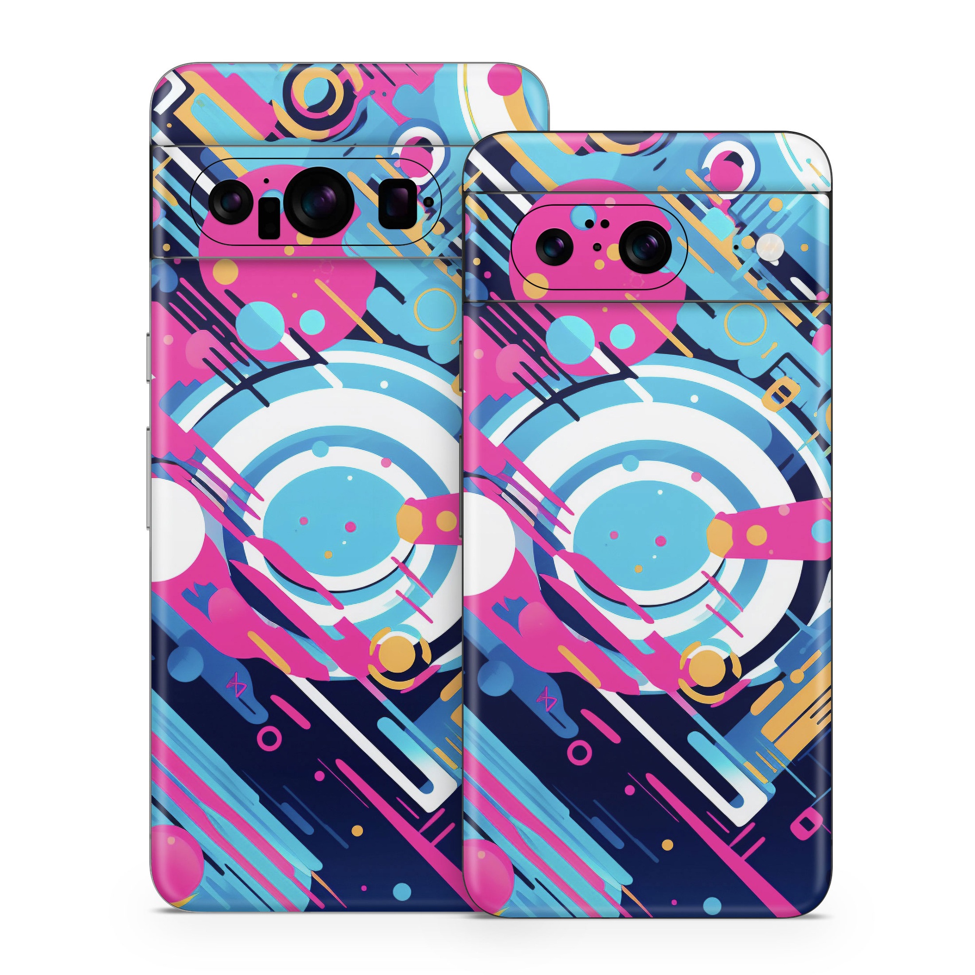 Google Pixel 8 Series Skin design of Colorfulness, Font, Line, Material property, Art, Magenta, Pattern, Electric blue, Circle, Graphics, with blue, pink, black, white, orange colors