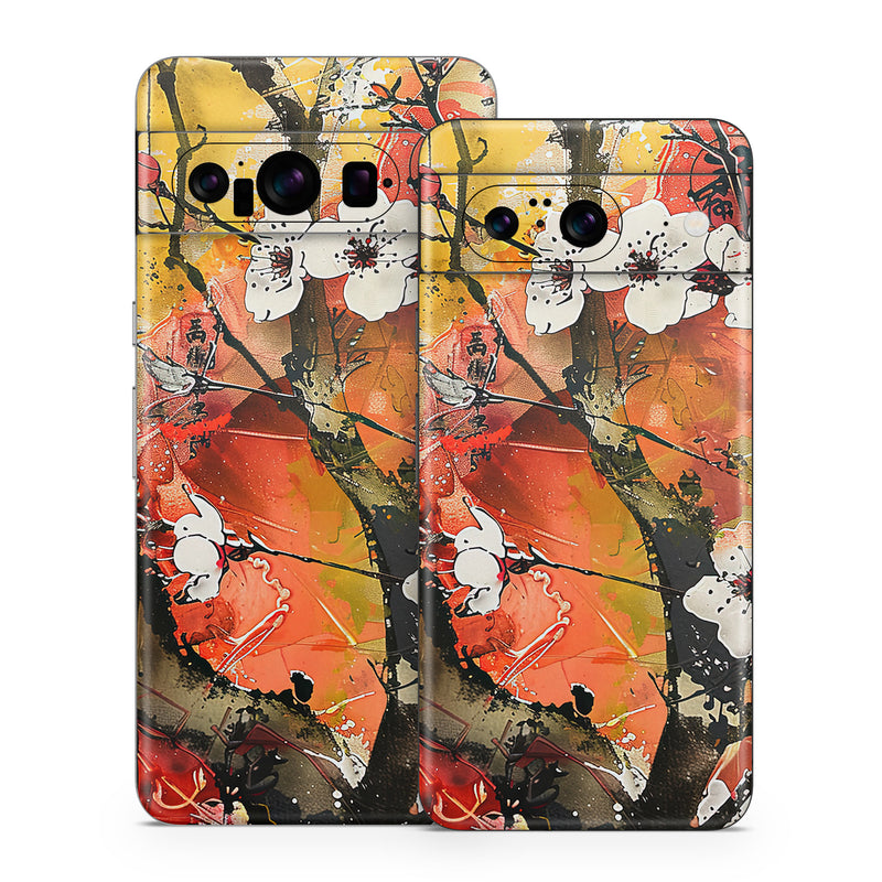 Google Pixel 8 Series Skin design of Yellow, Orange, Visual arts, Pink, Twig, Blossom, Creative arts, Paint, Floral design, Modern art, with yellow, red, white, black, brown, gray, pink colors