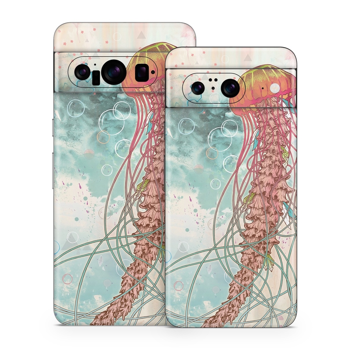 Google Pixel 8 Series Skin design of Jellyfish, Illustration, Water, Cnidaria, Marine invertebrates, Organism, Portuguese man o' war, Art, Nepenthes, Invertebrate, with gray, pink, yellow, red, green colors