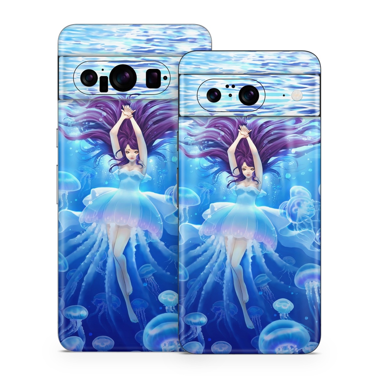 Google Pixel 8 Series Skin design of Jellyfish, Cnidaria, Organism, Marine biology, Marine invertebrates, Water, Bioluminescence, Illustration, Electric blue, Fictional character, with blue, purple, gray colors