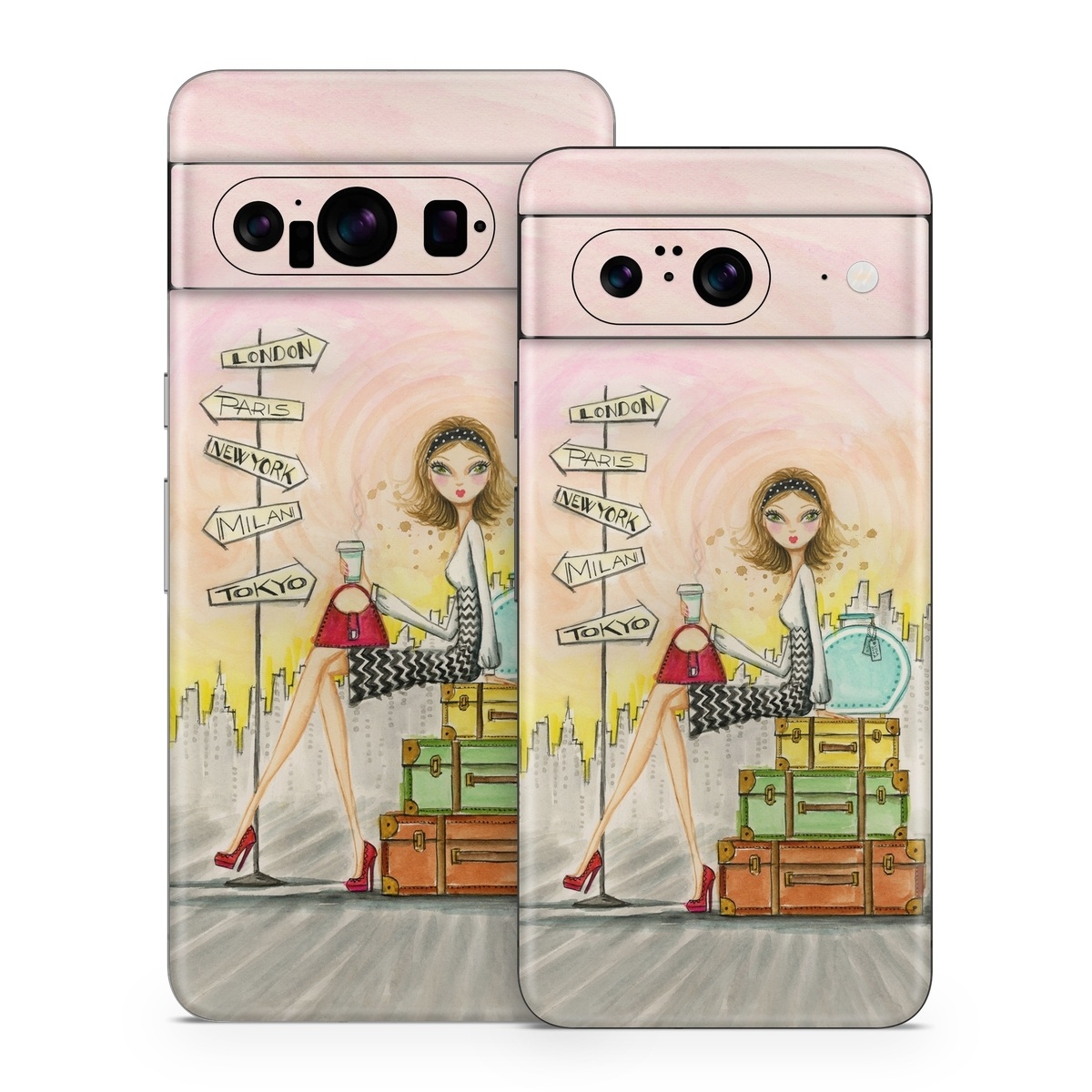 Google Pixel 8 Series Skin design of Cartoon, Illustration, Art, Watercolor paint, with gray, pink, green, red, black colors