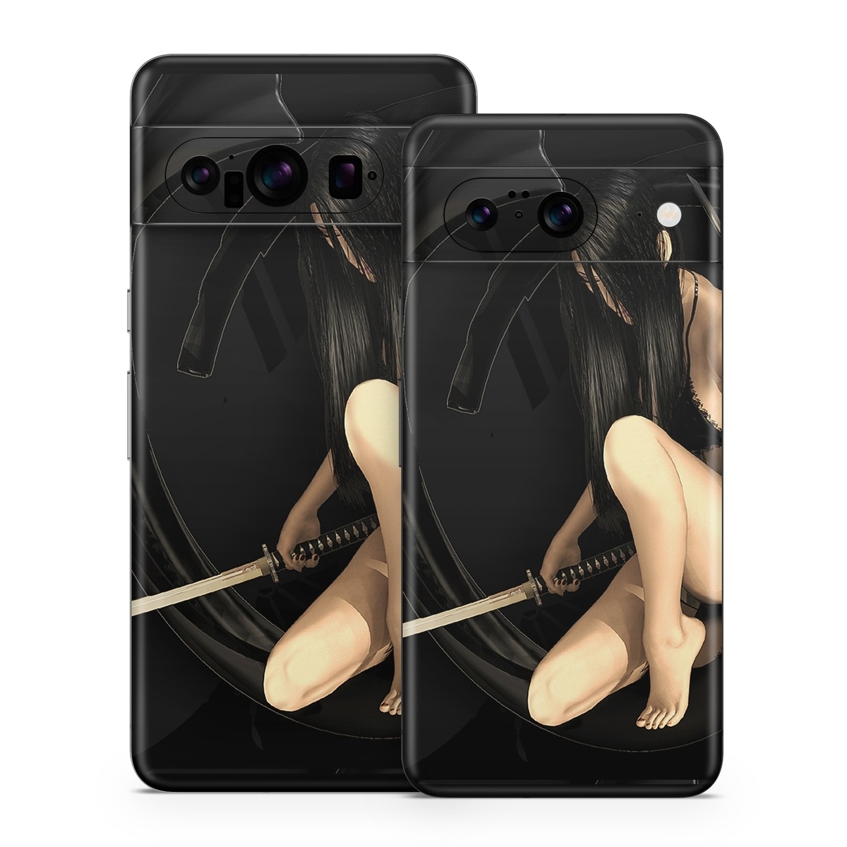 Google Pixel 8 Series Skin design of Black, Photography, Leg, Black hair, Cg artwork, Darkness, Fetish model, Sitting, Flash photography, with black, yellow, gray, white colors