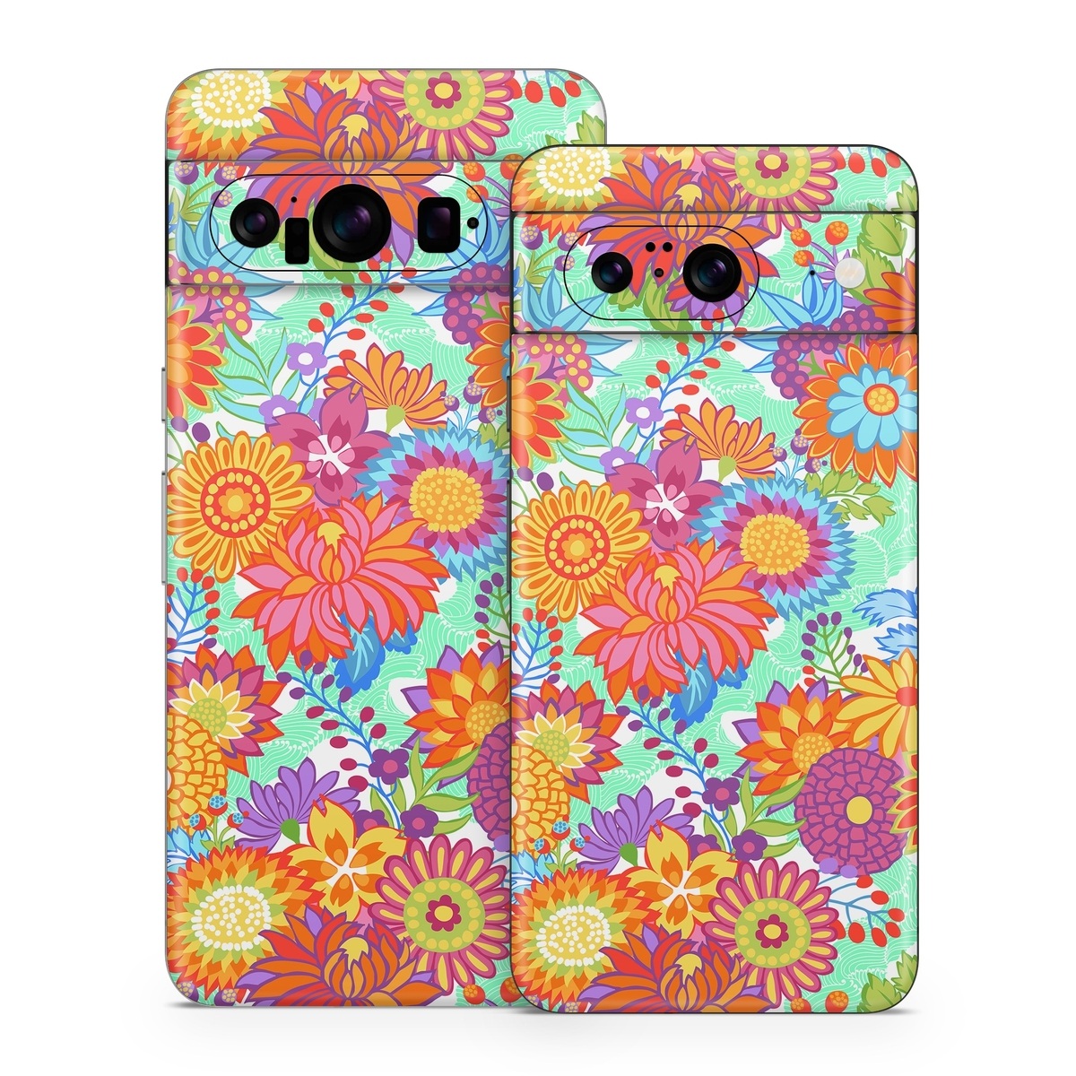Google Pixel 8 Series Skin design of Pattern, Floral design, Orange, Flower, Design, Textile, Plant, Wildflower, Wrapping paper, Visual arts, with gray, orange, green, purple colors
