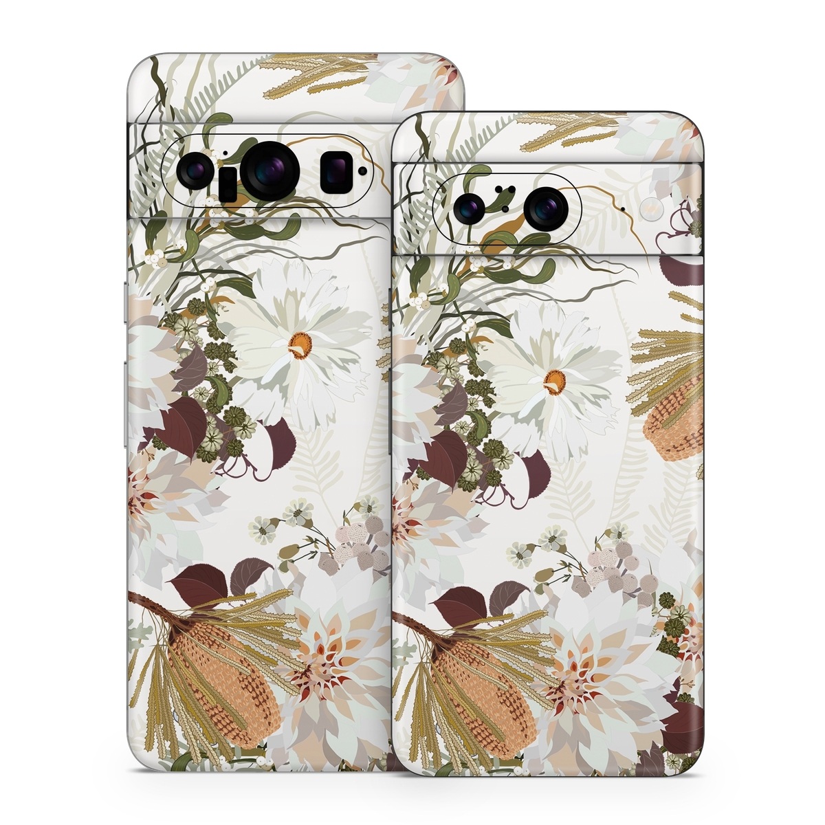 Google Pixel 8 Series Skin design of Flower, Botany, Plant, Floral design, Wildflower, Pattern, Wallpaper, Textile, Petal, Butterfly, with white, brown, green, gray colors