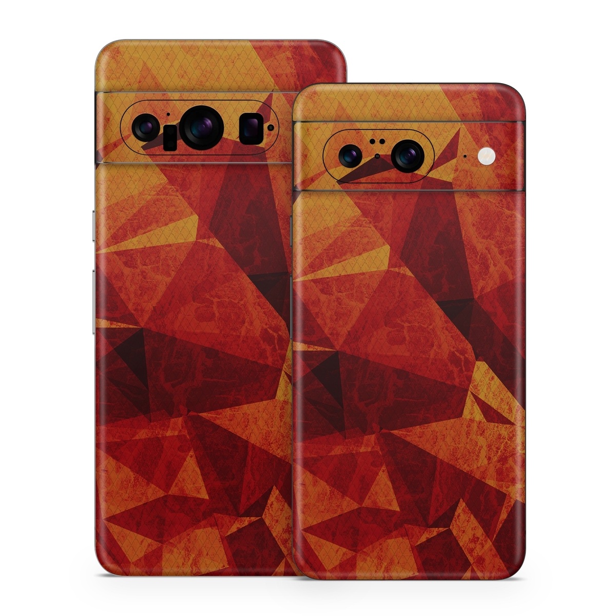 Google Pixel 8 Series Skin design of Orange, Red, Yellow, Triangle, Pattern, Amber, Design, Art, Visual arts, Modern art, with black, orange, yellow colors