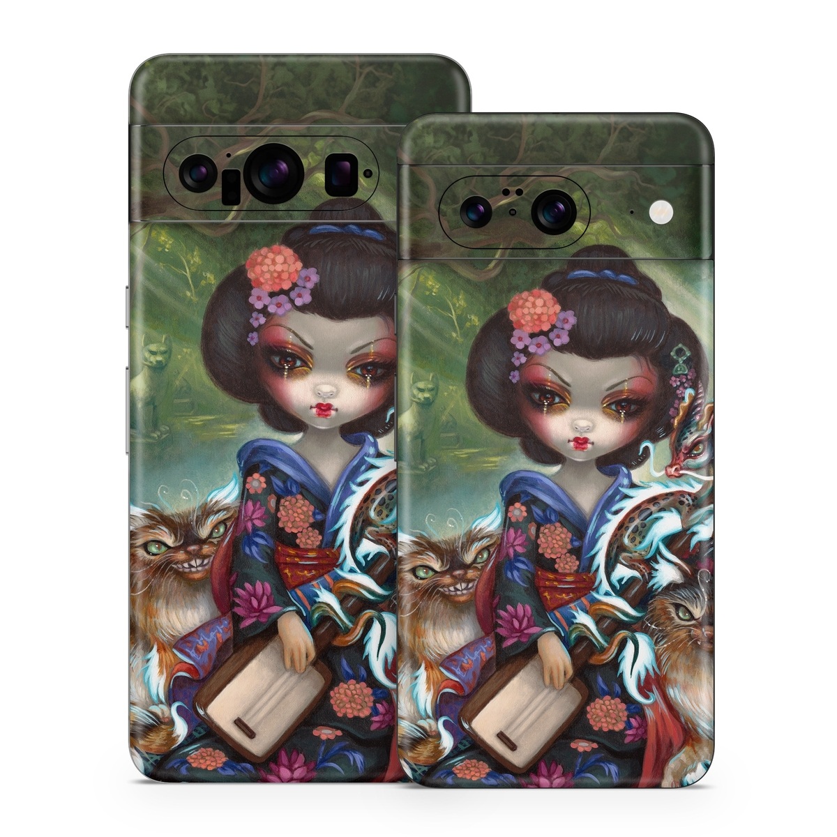 Google Pixel 8 Series Skin design of Cat, Felidae, Whiskers, Illustration, Art, Small to medium-sized cats, Doll, Kitten, Norwegian forest cat, Fawn, with black, white, red, brown, blue, green, pink, purple colors