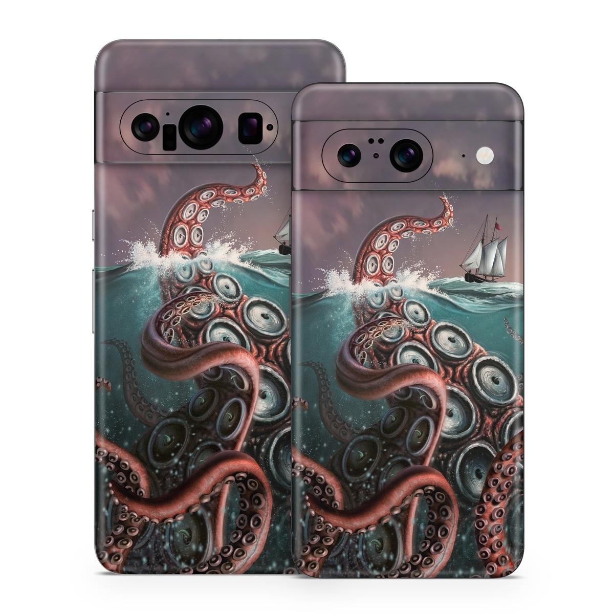 Google Pixel 8 Series Skin design of Octopus, Water, Illustration, Wind wave, Sky, Graphic design, Organism, Cephalopod, Cg artwork, giant pacific octopus, with blue, gray, white, brown, red colors