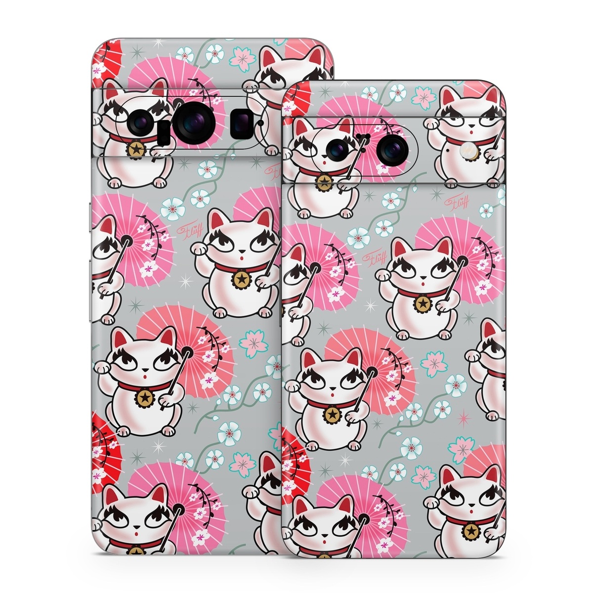 Google Pixel 8 Series Skin design of Pink, Red, Cartoon, Design, Line, Textile, Pattern, Illustration, Smile, Fictional character, with white, red, pink, gray, blue, black colors
