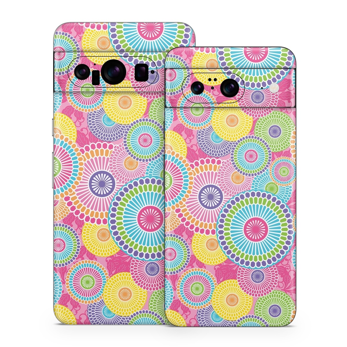 Google Pixel 8 Series Skin design of Pattern, Circle, Textile, Design, Visual arts, Wrapping paper, with gray, pink, purple, orange, blue, green colors