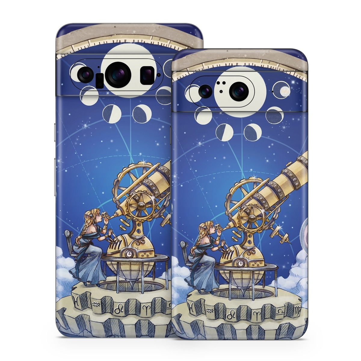 Google Pixel 8 Series Skin design of Circle, World, Space, Vehicle, Satellite, Illustration, with white, blue, yellow, pink, gray colors