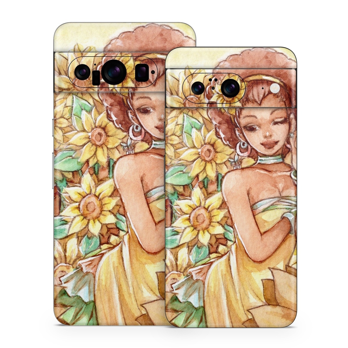 Google Pixel 8 Series Skin design of Painting, Illustration, Art, Fictional character, Plant, Flower, Clip art, with yellow, orange, brown, green colors