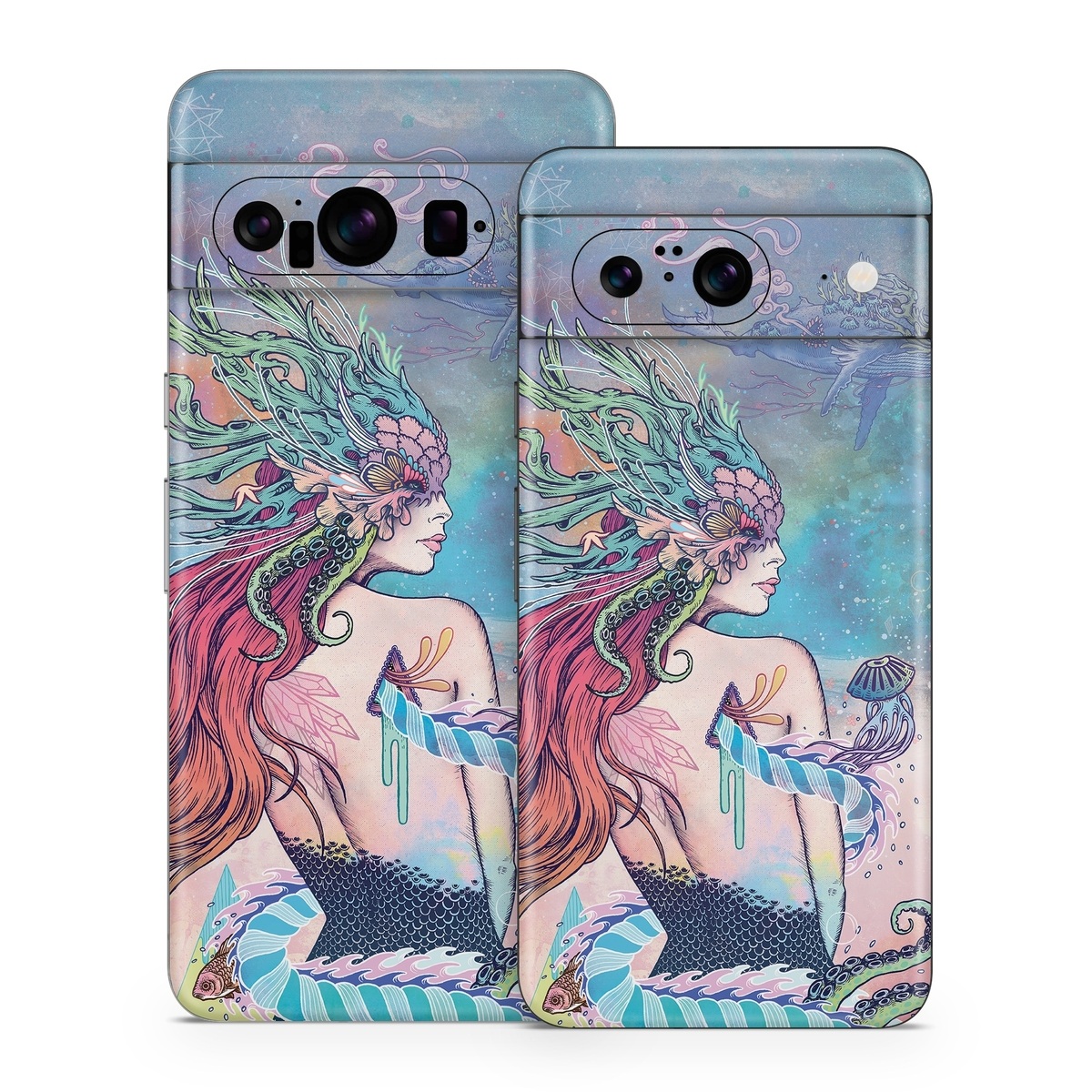 Google Pixel 8 Series Skin design of Illustration, Fictional character, Art, Cg artwork, Fiction, Mythology, Painting, Mermaid, with blue, purple, green, red, yellow, pink colors